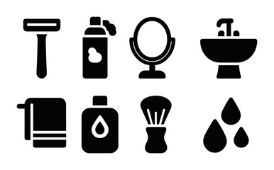 Personal grooming and hygiene silhouette icons set – solid style bathroom, wellness, and self-care symbols: razor, shaving cream, mirror, sink, towel, lotion, brush, water drops.