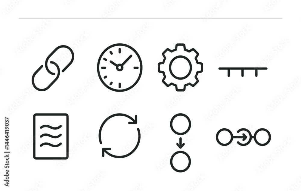 Poster business process linear icons set – outline style workflow, management, and efficiency symbols: link