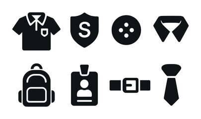School and uniform solid icons set – filled style education, student essentials, and classroom symbols: shirt, shield, button, collar, backpack, id card, belt, tie.
