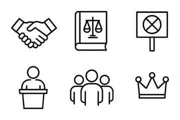 Political campaign and democracy outline icon set – linear style election, governance, and civic engagement symbols: handshake, scales, ballot, podium, voters, crown.