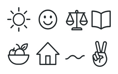Happiness and wellness outline icons set – line style positive emotions, balance, and lifestyle symbols for mindfulness: sun, smile, scales, book, fruit bowl, house, peace sign.