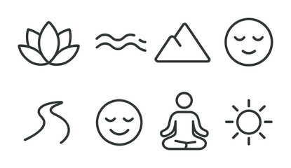 Mindfulness and meditation icon set – outline style wellness, relaxation, and self-care graphics: lotus, waves, mountain, calm face, path, yoga pose, sun.
