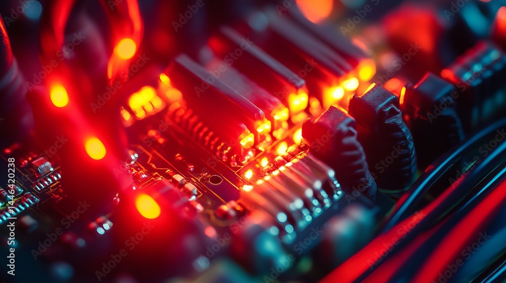 Poster glowing red circuit board technology closeup detail powerful computer hardware components