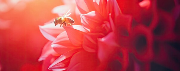 Honeybee in flight near a vibrant red flower