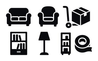 Home furniture and moving silhouette icons set – solid style living room and relocation symbols for interior design: sofa, armchair, box, cart, bookshelf, lamp, tape.