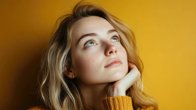 A woman with long hair wearing a bright yellow sweater, perfect for a casual day or a fun outing