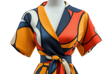 Vibrant abstract print wrap dress short sleeves belted waist bold colors stylish summer fashion