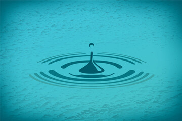 Circle Ripples or Waves on Water Surface Made by Drop Falling into Water and Making Splash Engraving Style Sign - Turquoise or Blue Rings on Similar Gradient Background - Mixed Graphic Design