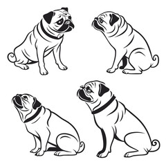 Stylized Black & White Outlines of Four Adorable Sitting Pugs on a White Background