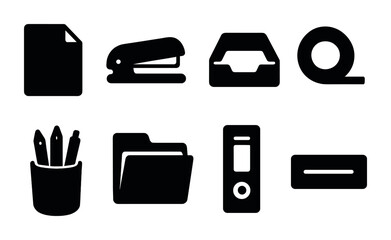 Office supplies solid icons set &ndash; minimalist style business, stationery, and desktop elements for productivity: document, stapler, tape dispenser, folder, pen holder