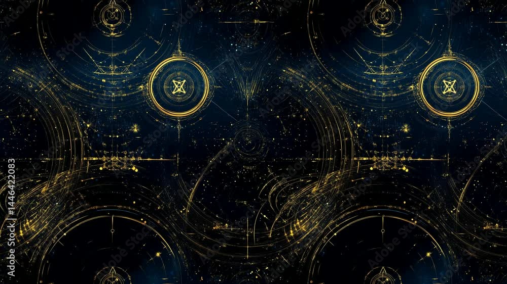 Poster seamless animated space chart with rotating gold motifs.