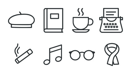 Writer's essentials icon set – outline style for authors and literature enthusiasts: beret, book, coffee cup, typewriter, cigar, music note, glasses, ribbon