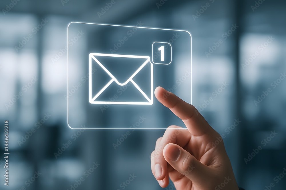 Poster a fingertip presses a glowing email envelope icon with a “1” notification badge. concept of instant 