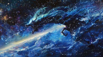 Naklejka premium Celestial goddess riding starlit dragon across galactic night sky, luminous flowing hair and cosmic robes blending with constellations, symbolizing power, unity, and cosmic myth
