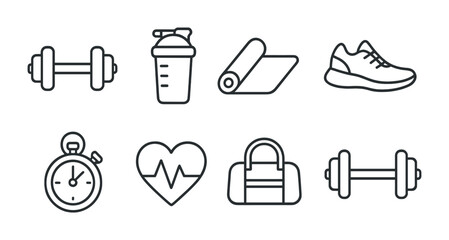 Fitness and gym outline icon set – line style for workout and exercise planning: dumbbell, shaker, yoga mat, sneaker, stopwatch, heart rate, gym bag