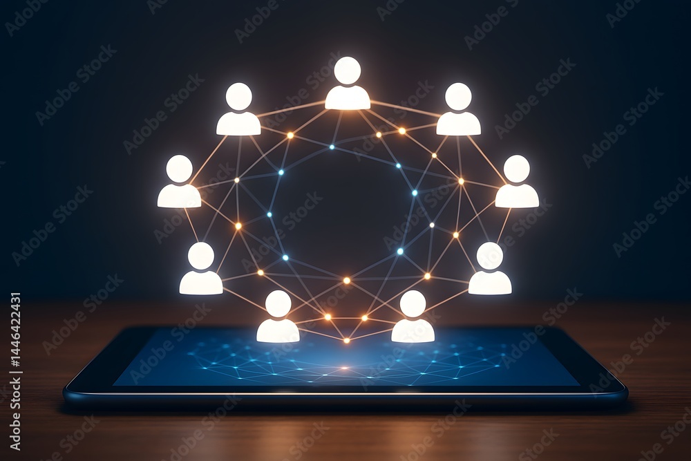 Aufkleber a sleek tablet lies on a table with interconnected user icons forming a glowing network above. conce