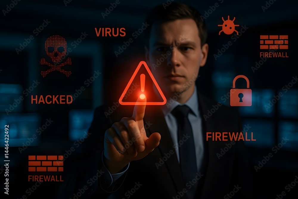 Poster a focused caucasian professional presses a red alert triangle on a transparent interface surrounded 