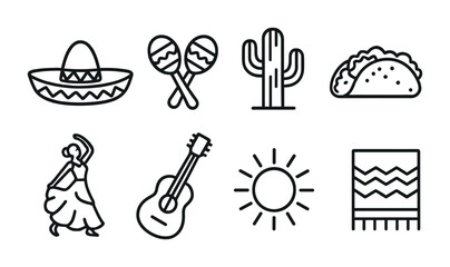 Mexican culture outline icons set – linear style for heritage, tradition, and celebration themes: sombrero, maracas, cactus, taco, flamenco dancer, guitar, sun, blanket.