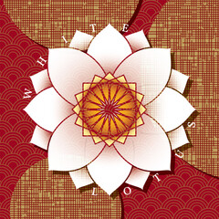 White Lotus Flower and Leaves Growing on Water Top View and Logo Lettering - White and Gold Elements over Red Traditional Asian Wavy Background - Mixed Graphic Design