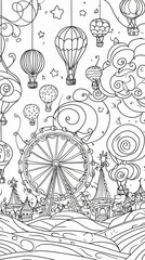 Whimsical Hot Air Balloons and Ferris Wheel Coloring Page: Fantasy Scenery and Imaginative Art for Outdoor Fun
