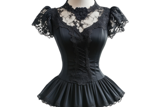 Elegant black lace bodice dress a gothic romantic style with a fitted waist and flared skirt on