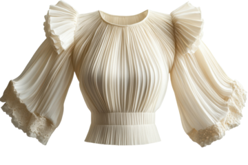 Elegant pleated cream blouse delicate lace trim romantic puff sleeves stylish fitted bodice