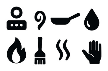 Cooking and kitchen tools solid icons set – silhouette style culinary, chef, and food preparation symbols: chef hat, frying pan, drop, flame, brush, steam, hand.