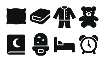 Bedtime essentials solid icons set – silhouette style sleep, comfort, and relaxation symbols for nighttime routines: pillow, blanket, pajamas, teddy bear, bedtime story, nightlight, bed, alarm clock.