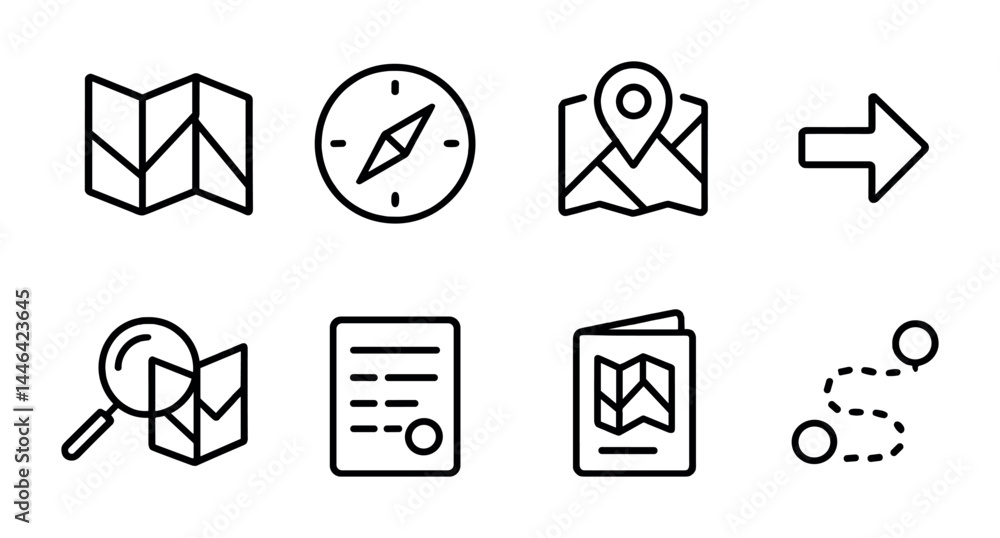 Aufkleber navigation and travel icons set for maps and directions design projects