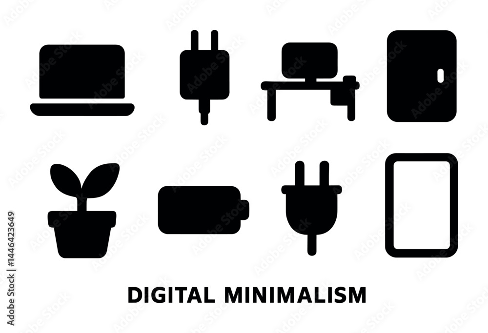 Poster digital minimalism solid icons set – flat style simple tech and home symbols for modern living: lapt