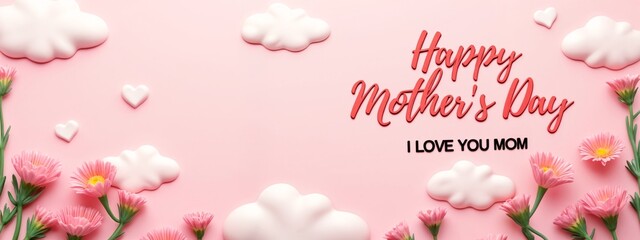 a pink background with white clouds and pink flowers with the words happy mother's day written on it