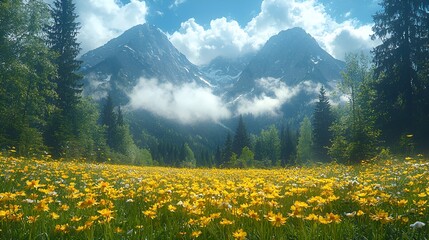 Obraz premium Sunny meadow with wildflowers and majestic mountains.