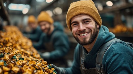 Obraz premium Smiling worker in a mushroom processing facility surrounded by fresh produce and colleagues