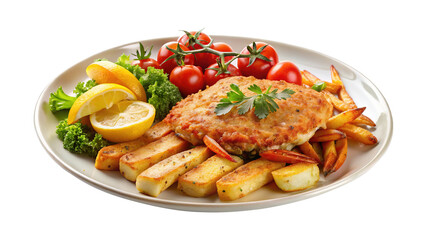 Delicious breaded chicken cutlet plate with french fries, lemon and fresh vegetables