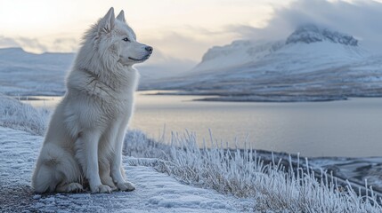 Obraz premium Majestic White Dog Sitting by Scenic Snowy Landscape and Lake