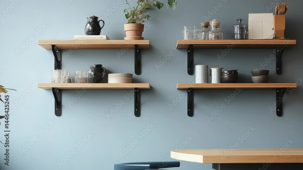 Poster shelves and table setup with decorative items
