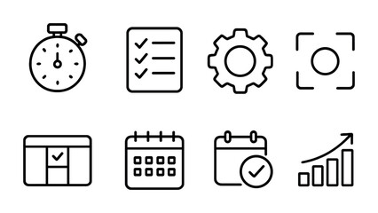 Task management line icons set &ndash; outline style for productivity, organization, and workflow: stopwatch, checklist, gear, focus target, dashboard, calendar, agenda, growth chart.