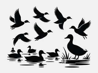 Set of black ducks silhouettes in flight, vector illustration of ducks on water