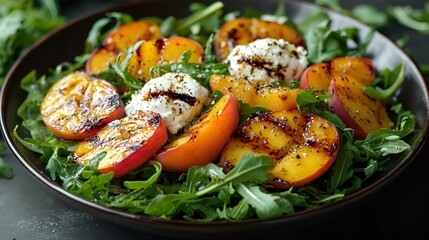 Grilled peach and arugula salad with creamy goat cheese.
