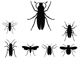 set of black vector silhouettes insects