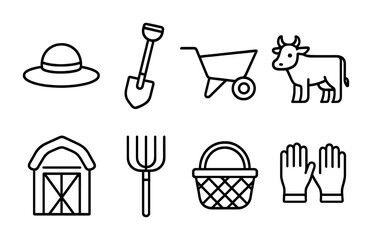 Farm life outline icons collection – linear style agriculture, rural living, and harvest symbols: barn, cow, shovel, wheelbarrow, sun hat, pitchfork, basket, gloves.