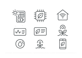 Eco-friendly technology outline icon set - green energy, sustainable development, and smart home symbols: solar panel, eco chip, smart home, plant growth, water drop