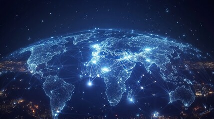 Obraz premium Global Network Connections Illuminating the World Map at Night
