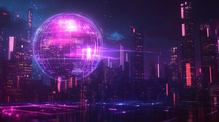 Futuristic Cityscape at Night Neon Lights Glow on Skyscrapers and a Holographic Globe