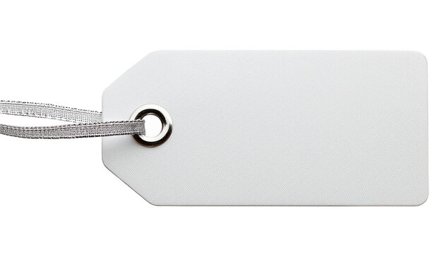 A blank white price tag with a string attached.