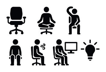 Office ergonomics solid icons set – silhouette style workplace comfort and health symbols: office chair, meditation, stretching, breathing exercises, computer posture, lightbulb.