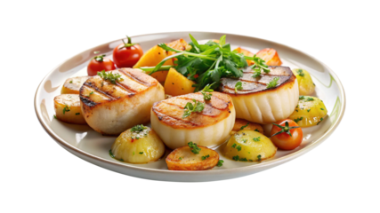 Delicious Seared Scallops Served with Roasted Potatoes and Cherry Tomatoes on Plate