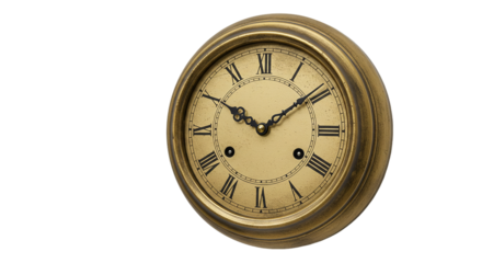 A close up of an antique clock with a gold frame and roman numerals against a black background space