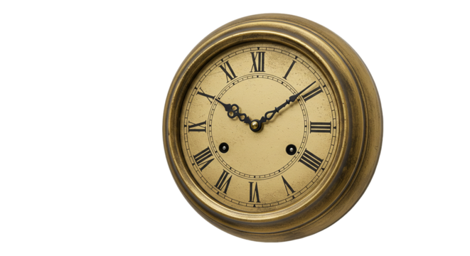 A close up of an antique clock with a gold frame and roman numerals against a black background space