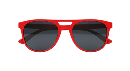 A close up shot of red sunglasses with dark lenses on a black background in a studio setting view